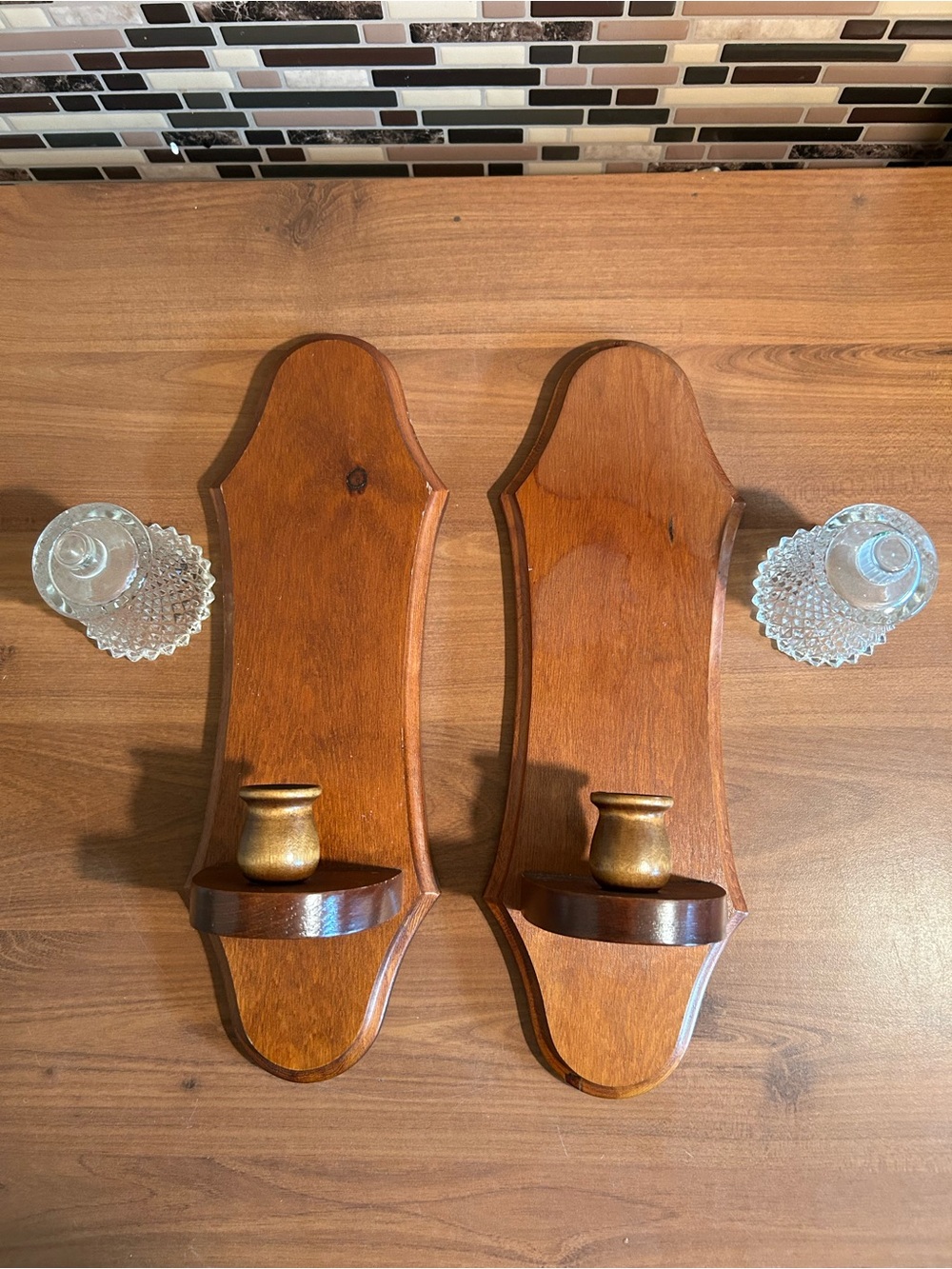 Vintage Pair of Wooden Wall Candle Sconces with Brass Holders - Warm Brown